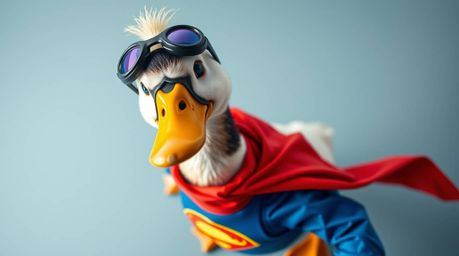 This high-resolution stock photo features a whimsical duck donned in a zany superhero costume, captured from a compelling hig