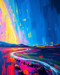 A bold acrylic painting showcases a digital glitch landscape bathed in volumetric lighting.  Vibrant colors and textured brus