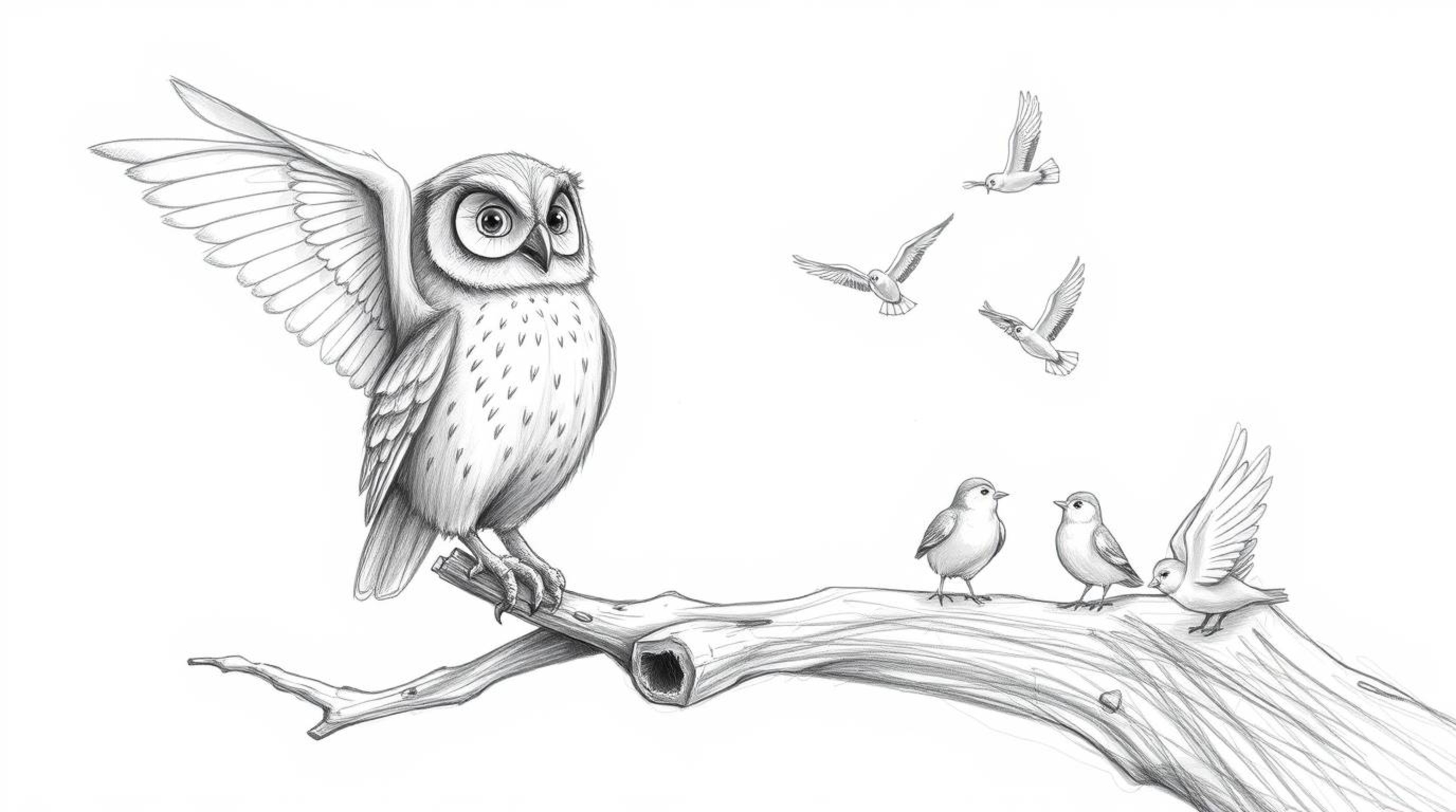 A heart-warming textured pencil sketch in the style of Pixar depicts a patient, blind owl perched on a hollow branch, its win