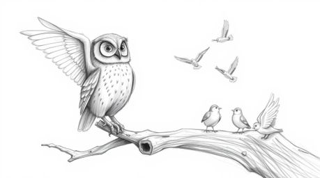 A heart-warming textured pencil sketch in the style of Pixar depicts a patient, blind owl perched on a hollow branch, its win