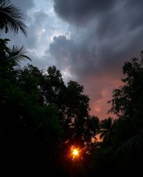 Low-angle perspective shot of a sunset through a dense jungle canopy during intense dramatic weather, showcasing stormy skies