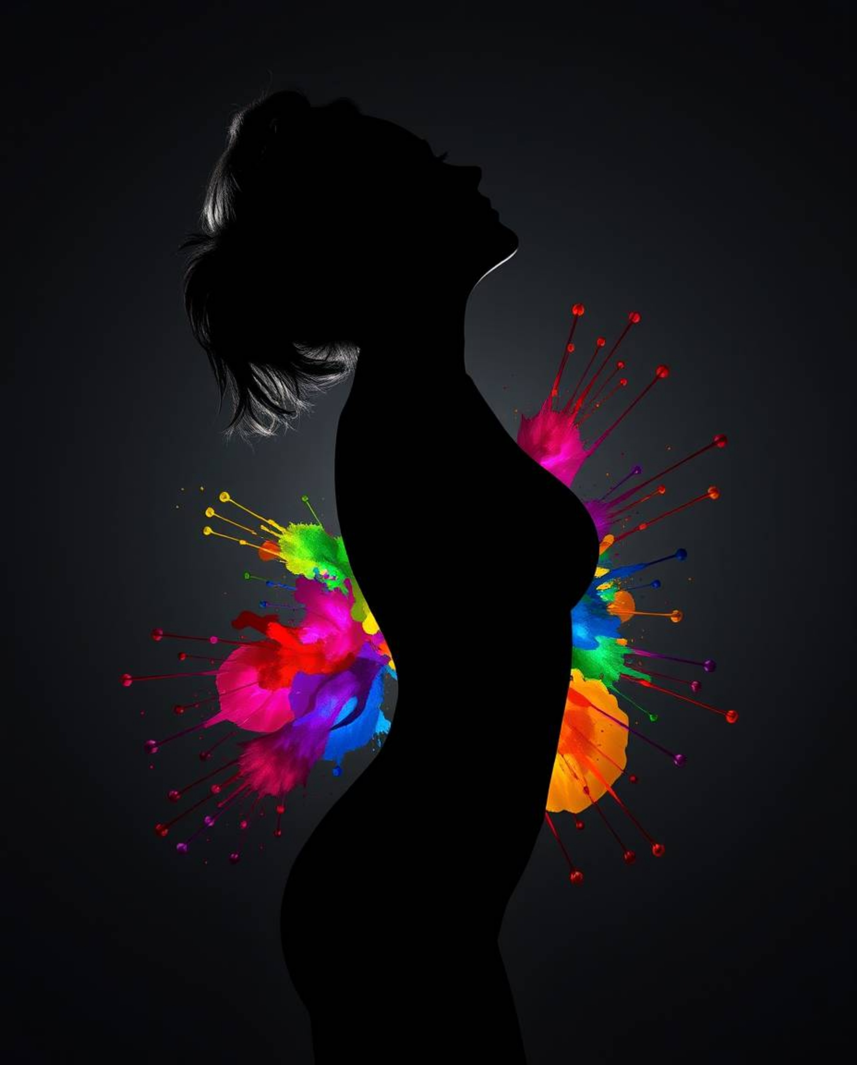 Experience a captivating blend of high contrast imagery and intense dramatic lighting, where colorful splash patterns coalesc