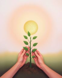 This artwork features soft pastel colors depicting hands gently planting a tree beneath a mesmerizing golden sky. The scene e
