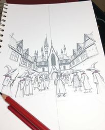 A captivating hand-drawn sketch depicts a magical school brimming with young wizards.  The low-angle perspective and dynamic 