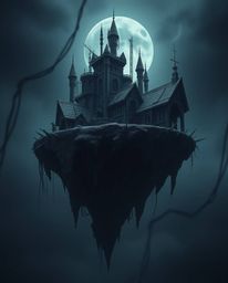 Explore a surreal floating island with unsettling strange architecture, rendered in a moody style with dark tones and low con