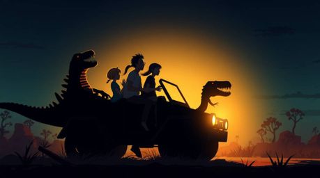 Explore a vibrant Isekai adventure with a silhouetted prehistoric family riding a dinosaur car. This illustration features ba
