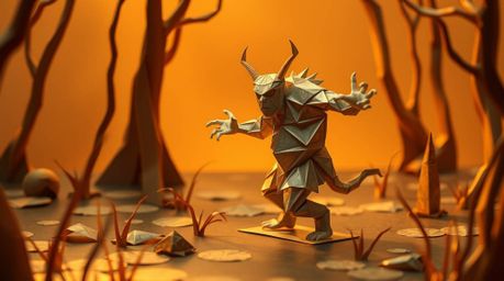 A captivating image showcases an ogre joyfully dancing in a swamp, meticulously crafted in the intricate art of origami.  War