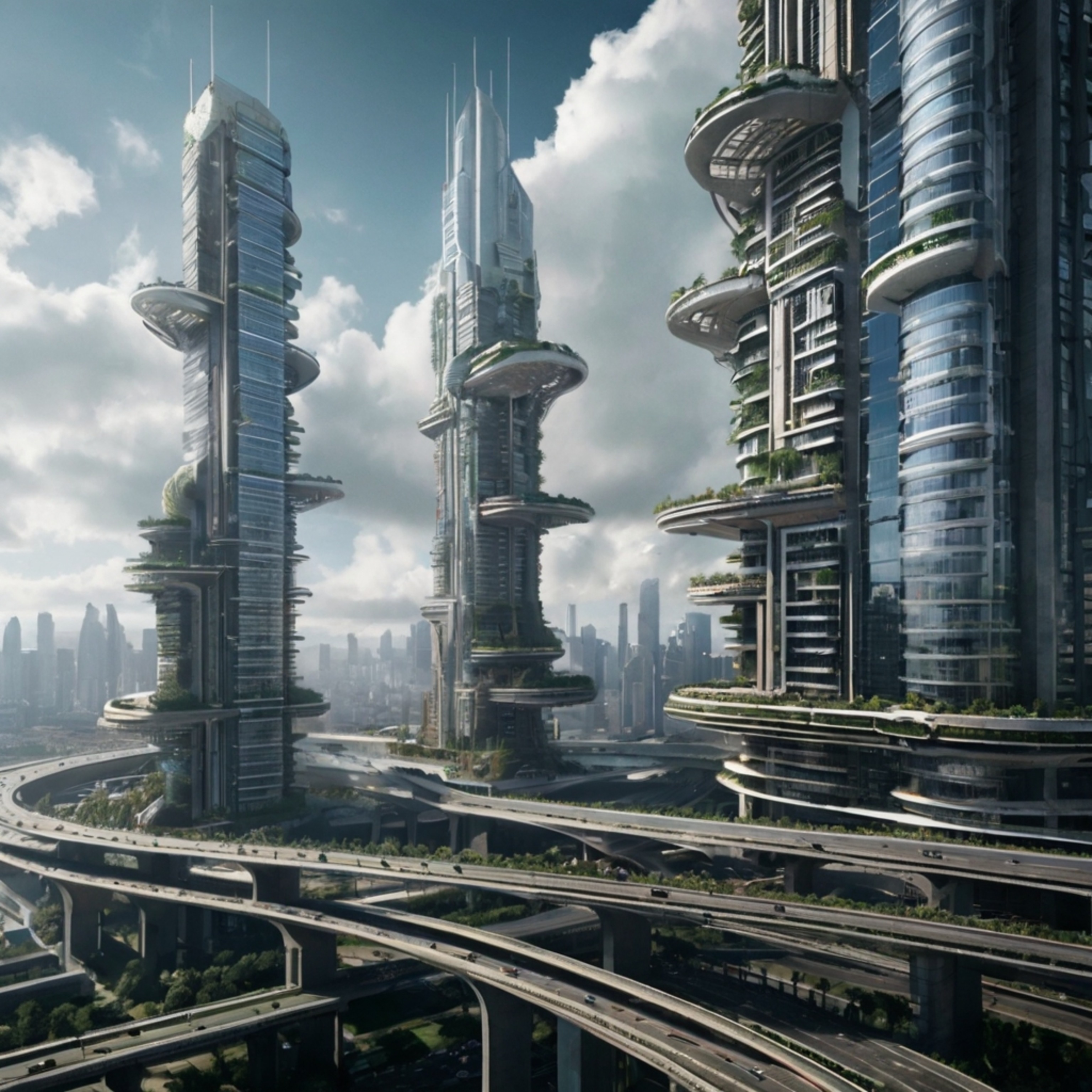 Imagine a breathtaking futuristic vertical city, a marvel of engineering where multi-layered streets intertwine with suspende