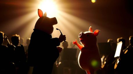 A captivating image of a pig character passionately conducting an orchestra, silhouetted against a bright, luminous backdrop.