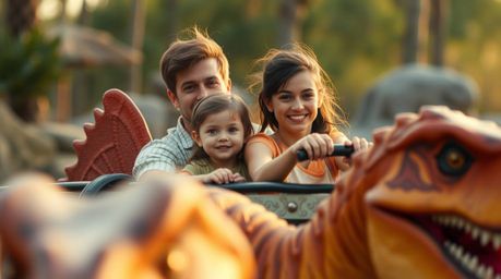 A captivating close-up shot showcases a prehistoric family enjoying a thrilling ride in a dinosaur-shaped car.  The image is 