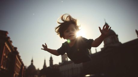 A captivating image of a young boy with messy hair, silhouetted against the London skyline.  He's magically soaring through t
