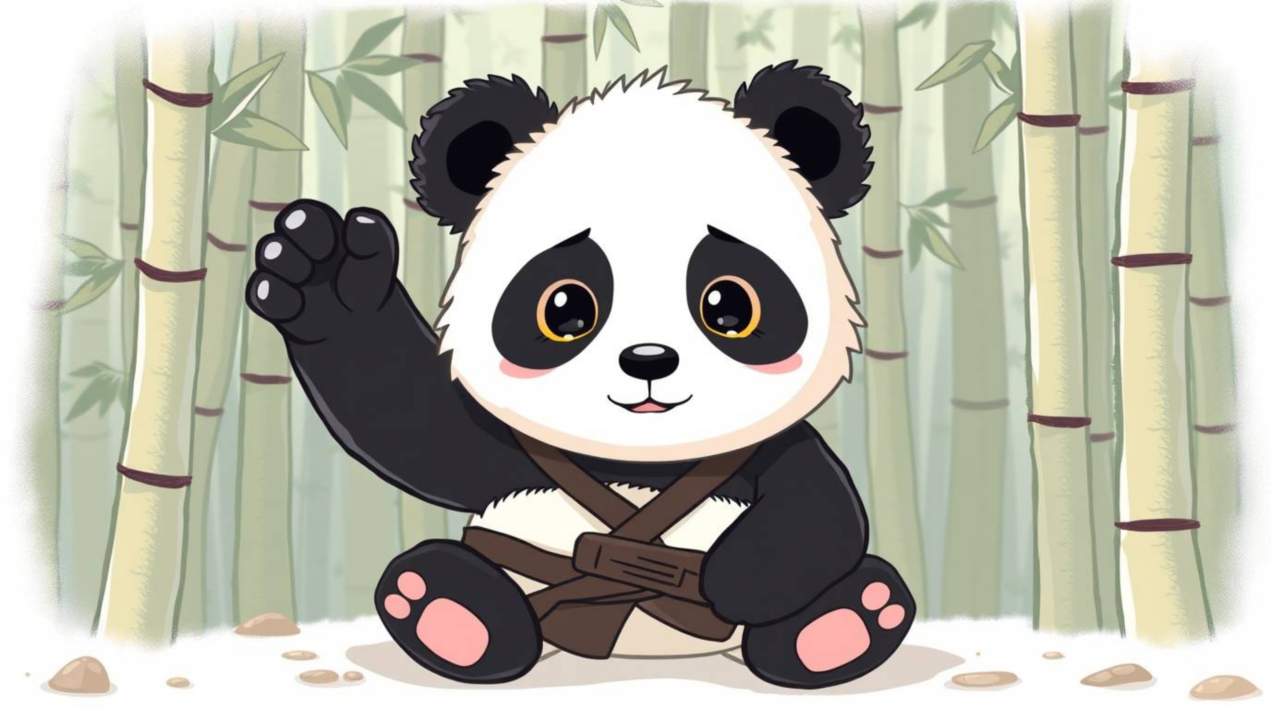 An adorable martial artist panda, radiating charm with its expressive eyes and soft fur, finds peaceful meditation within a l