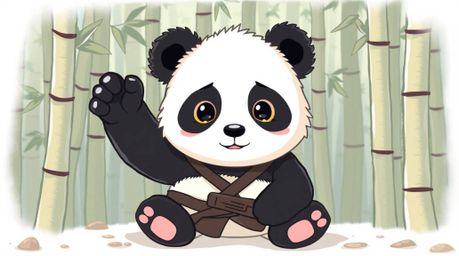 An adorable martial artist panda, radiating charm with its expressive eyes and soft fur, finds peaceful meditation within a l