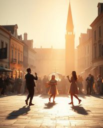 Capture a soft, dreamy atmosphere of a musical number set in a bright town square, bathed in the warm glow of golden hour. T
