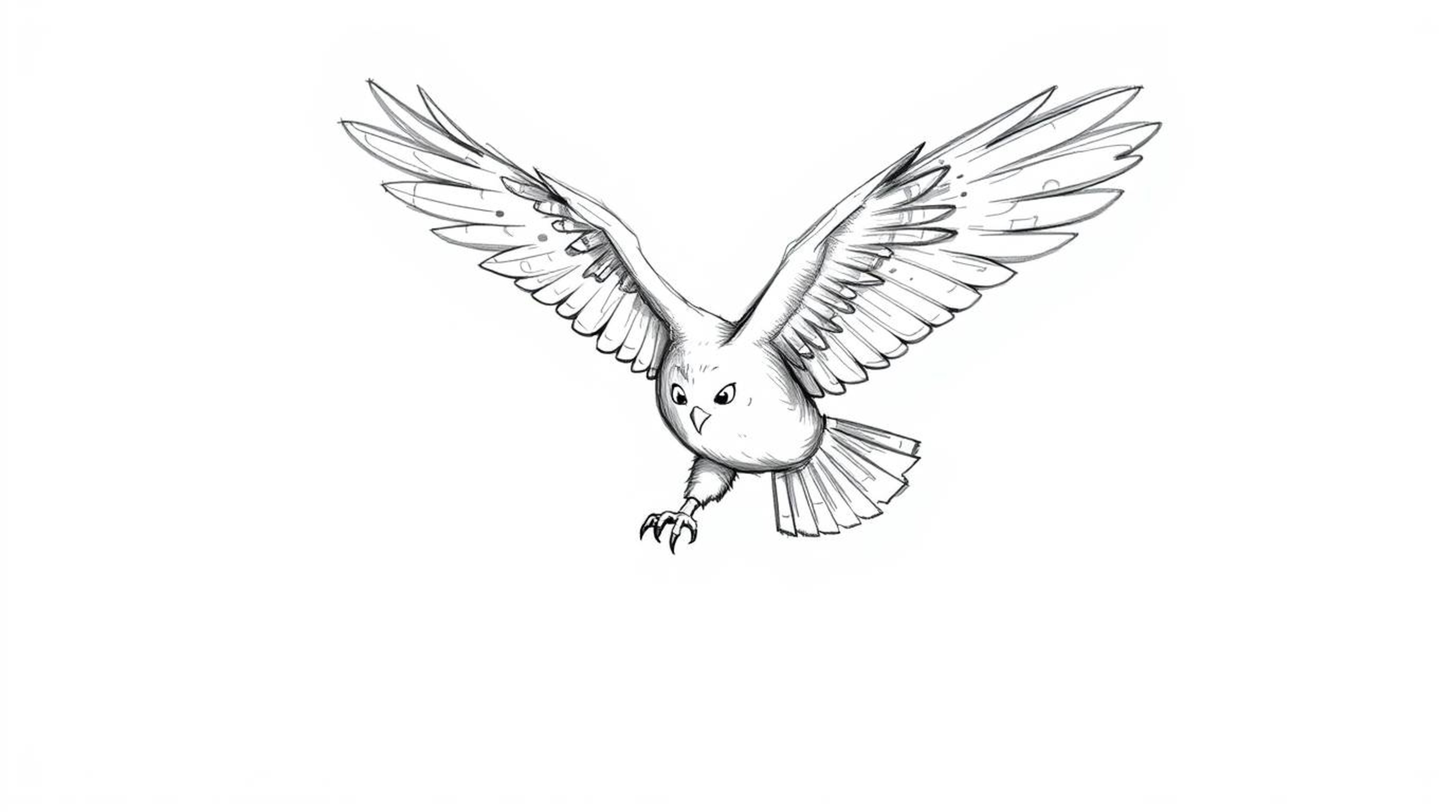 A hand-drawn sketch in the style of Pixar portrays a blind owl mid-flight, embodying the essence of Flow State as it teaches 