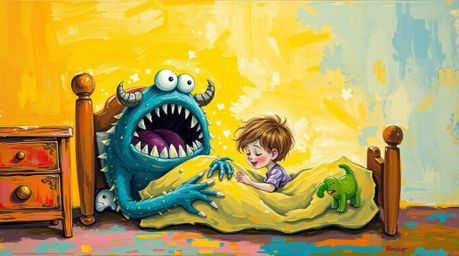 A heartwarming scene unfolds in this bold acrylic painting, where a monster under the bed finds an unlikely friend in a child