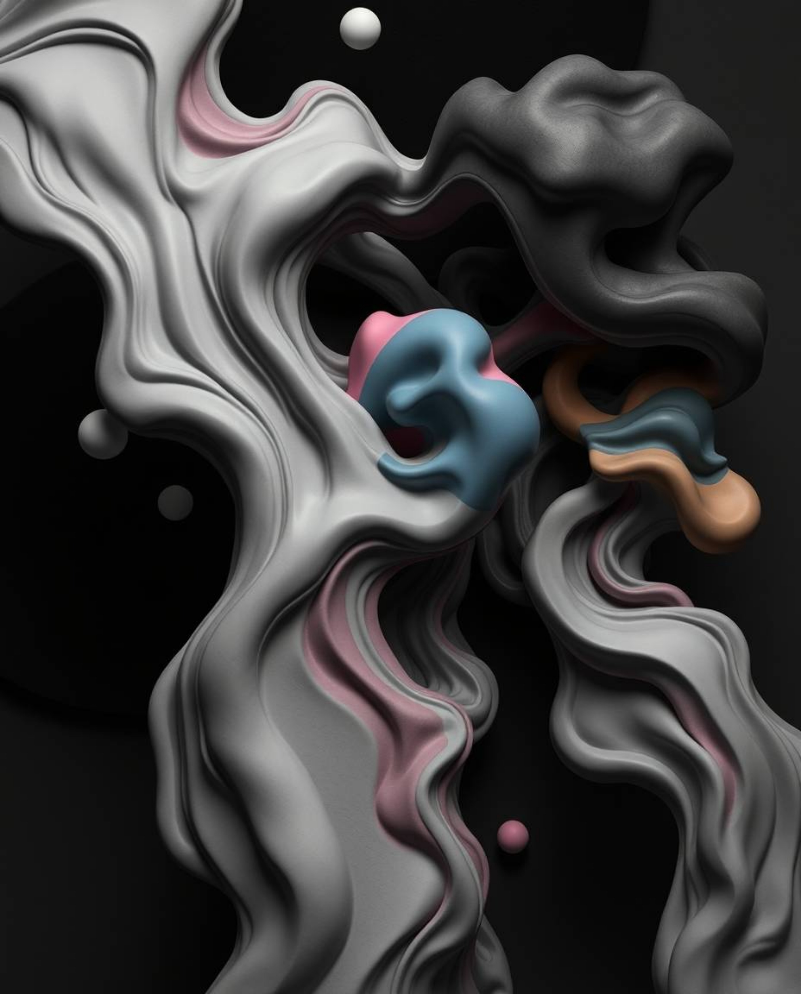A captivating and unsettling black and white image showcasing the interplay between vibrant 3D fluid shapes and structured ge