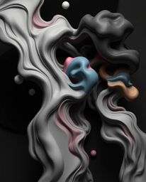 A captivating and unsettling black and white image showcasing the interplay between vibrant 3D fluid shapes and structured ge