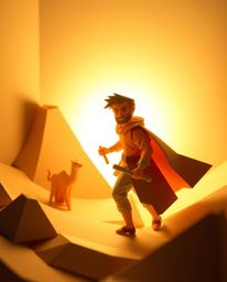 A brave hero embarks on a thrilling desert adventure, rendered in an intricate origami style. Gentle, diffused light illumin