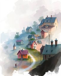 Discover a mystical sleepy town rendered in a dreamy watercolor style.  Pastel-colored houses create a tranquil atmosphere, e