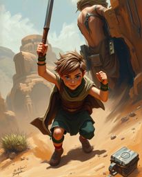 Embark on a thrilling desert adventure with a brave hero, rendered in a stunning classic oil painting style.  Experience rich