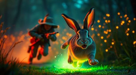 A hilarious scene unfolds as a wacky rabbit with glowing bioluminescent colors desperately outruns a persistent hunter. The v