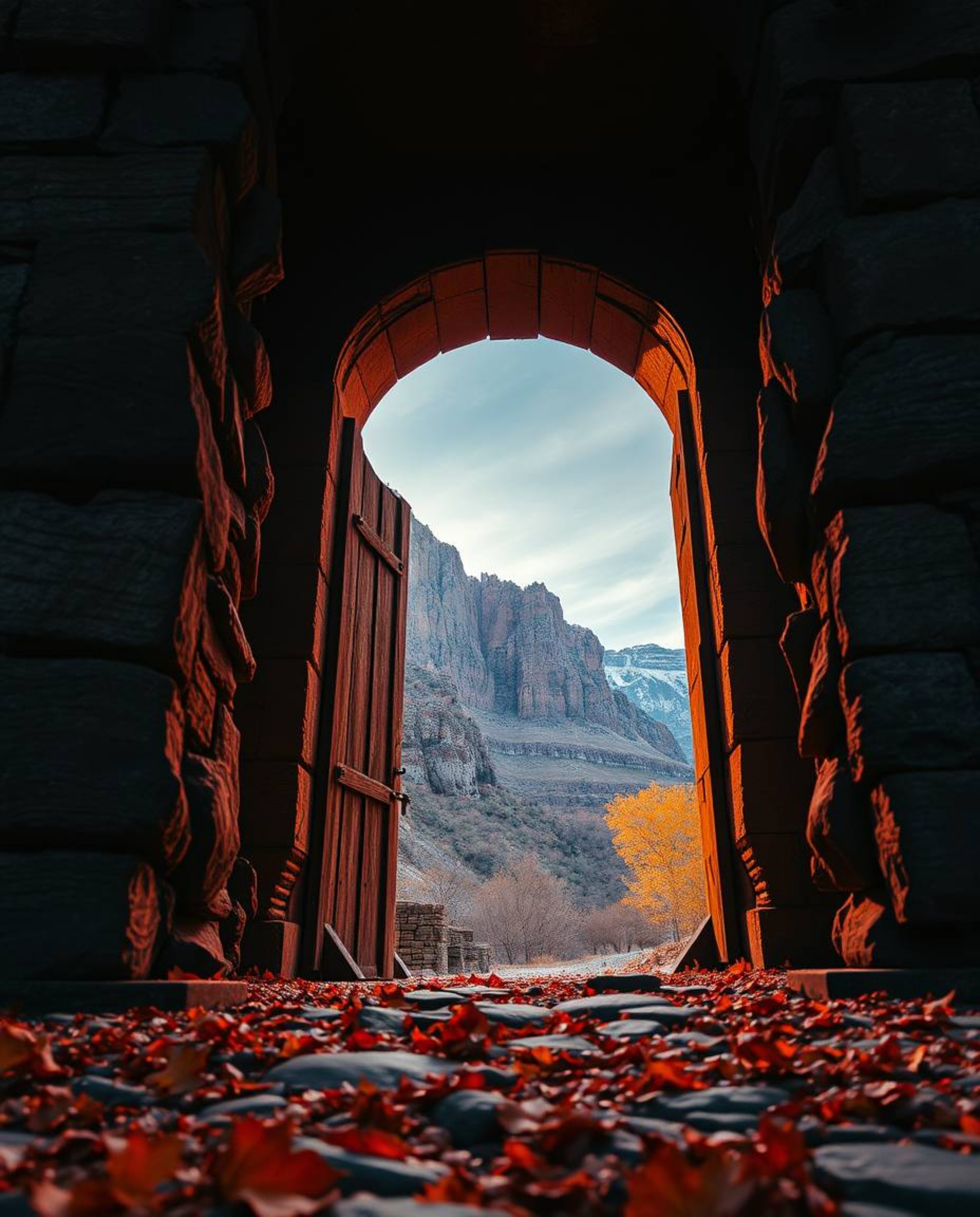 This captivating image showcases an ancient mountain doorway adorned with glowing runes, bathed in the warm hues of autumn. S