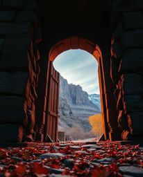 This captivating image showcases an ancient mountain doorway adorned with glowing runes, bathed in the warm hues of autumn. S