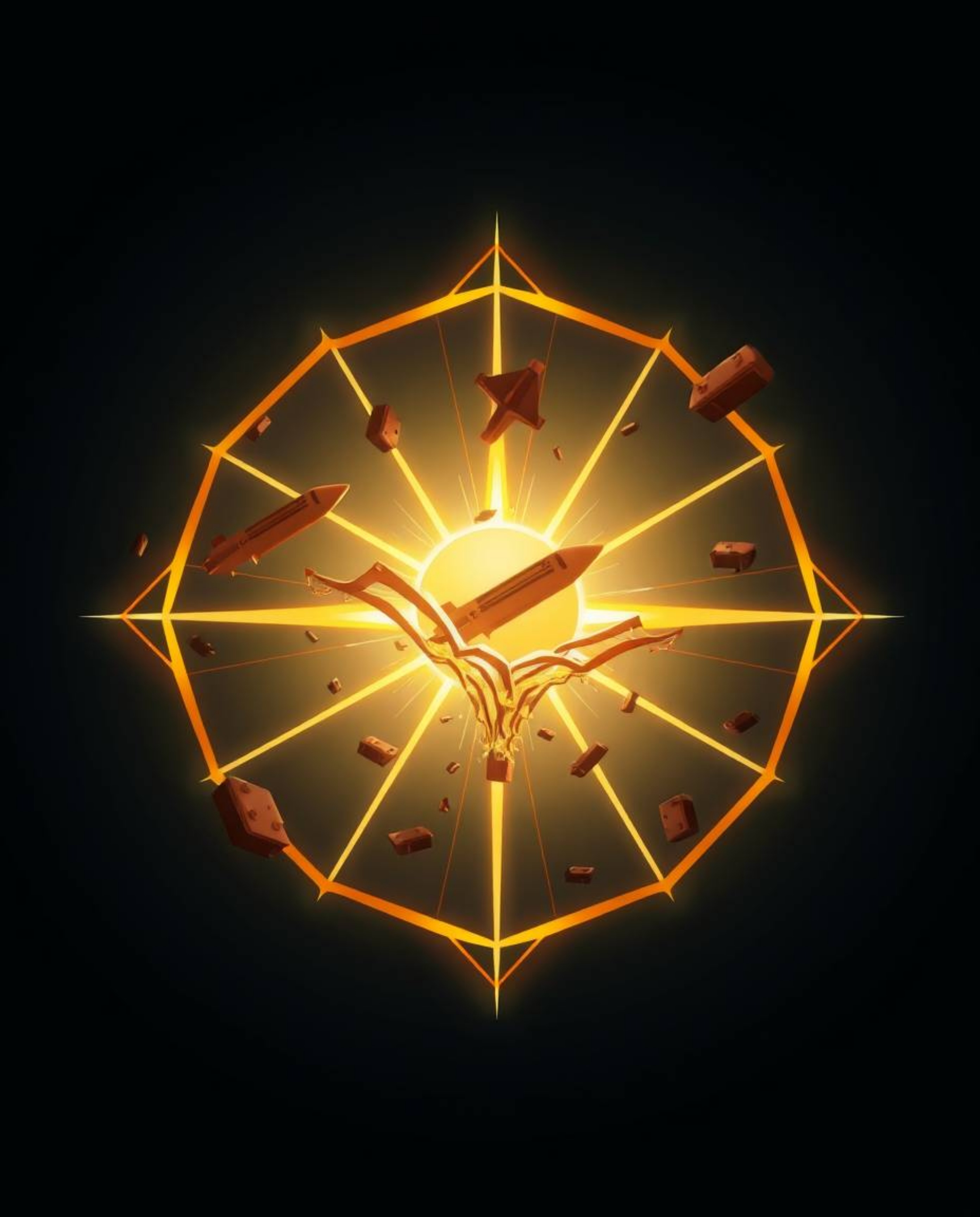 This warm golden glow logo depicts a surreal storm with flying objects and broken gravity, creating a captivating and visuall