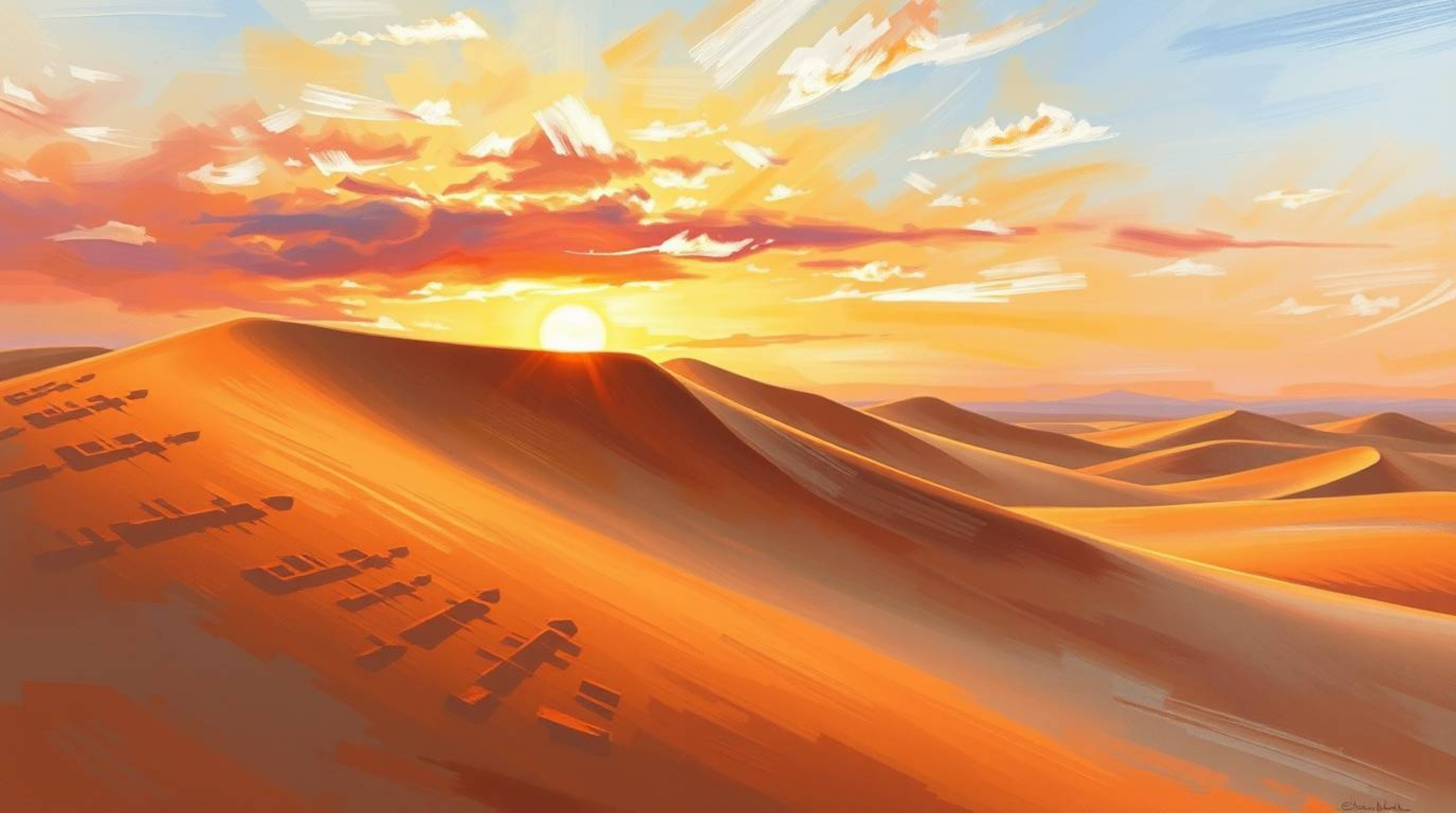 A captivating classic oil painting depicting a graceful and elegant sunset over golden desert dunes.  Rich textures and visib