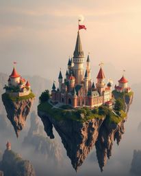 A captivating image showcasing a vibrant kingdom with floating islands and majestic castles. Photographed in a professional,