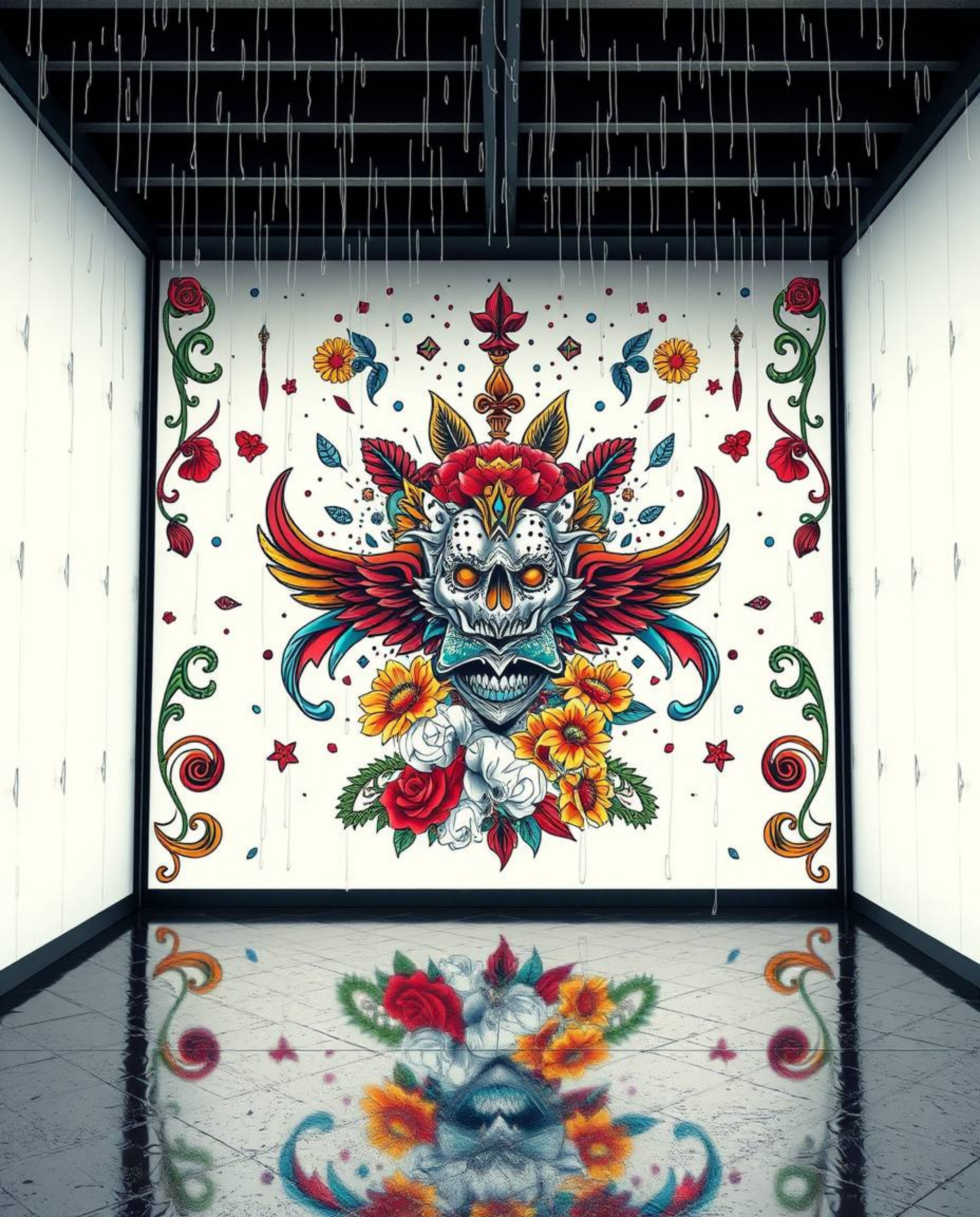 This symbolic traditional tattoo art print captures a room exploding with a kaleidoscope of vibrant colors and retro flair. I