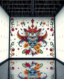 This symbolic traditional tattoo art print captures a room exploding with a kaleidoscope of vibrant colors and retro flair. I