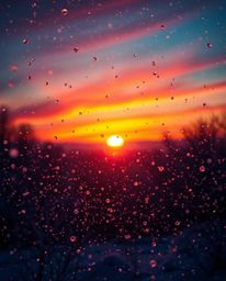 This dreamlike and surreal image captures the enchanting moment of snowflakes falling during a vibrant sunset. The scene is i