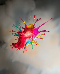 Experience the vibrant energy of a colorful paint splash frozen in mid-air, captured with a high-speed camera. This surreal i