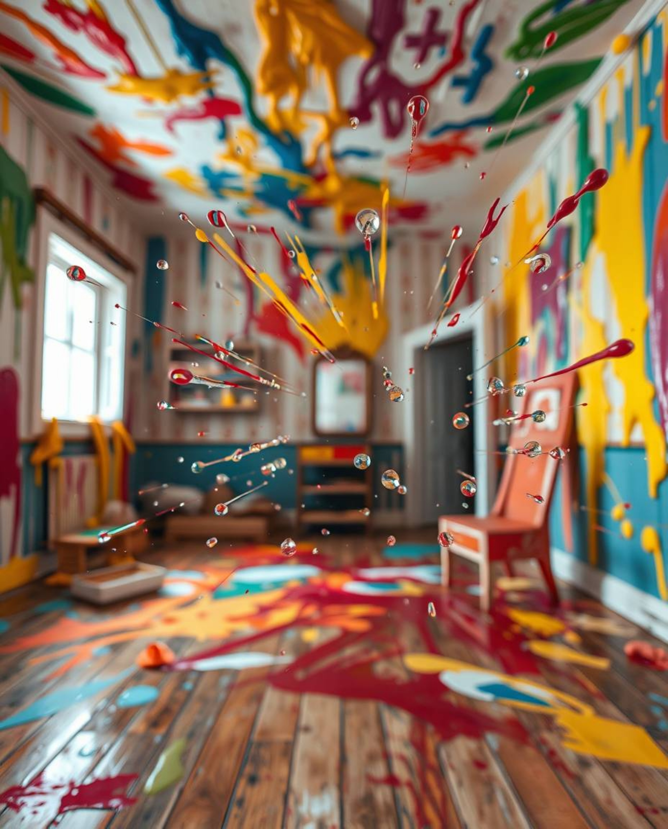 Experience an extreme macro close-up of a room exploding with paint, capturing stunning details and iridescent reflections. T