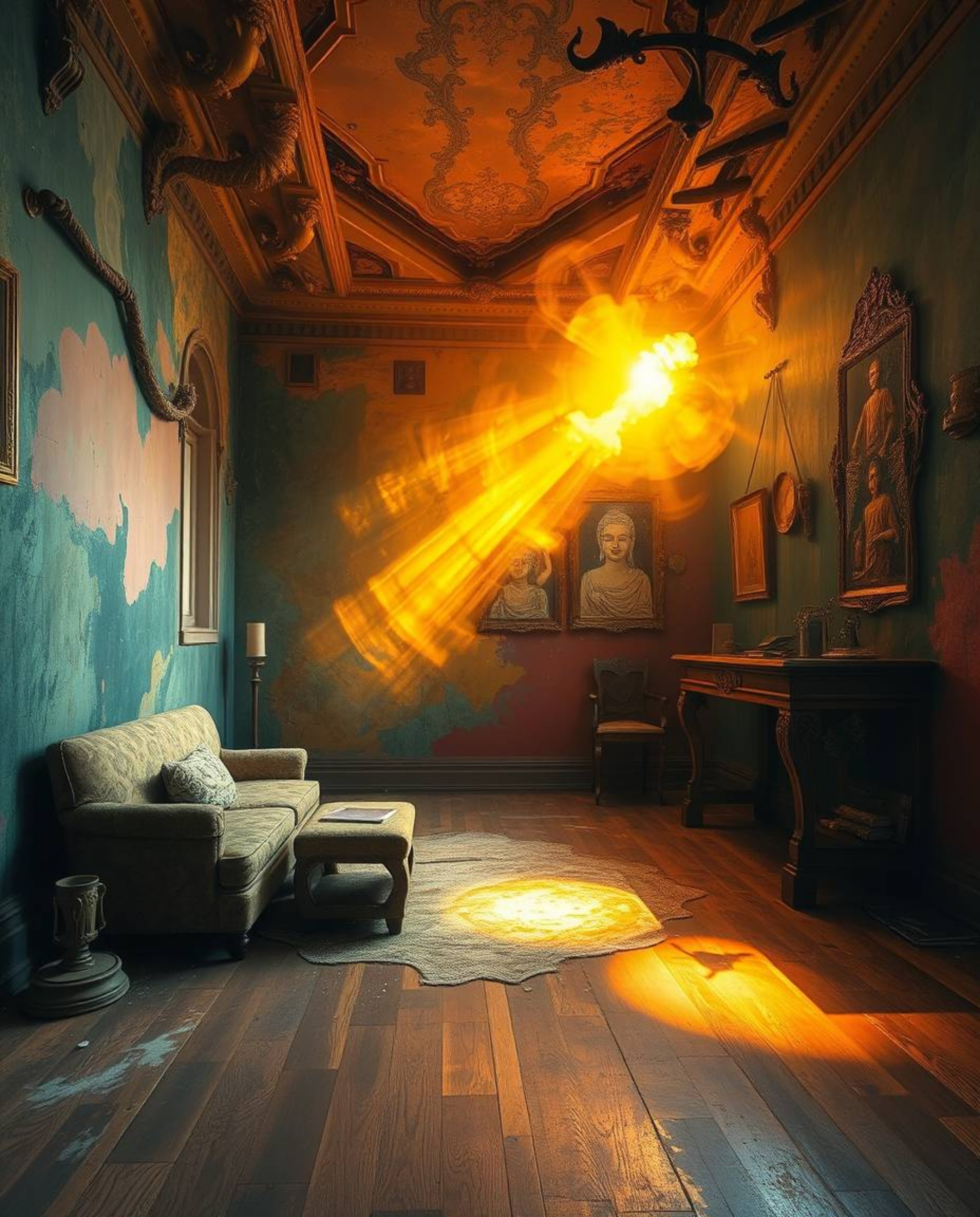 Immerse yourself in a room exploding with vibrant paint, bathed in warm golden light creating an ethereal and spiritual atmos
