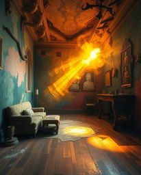 Immerse yourself in a room exploding with vibrant paint, bathed in warm golden light creating an ethereal and spiritual atmos