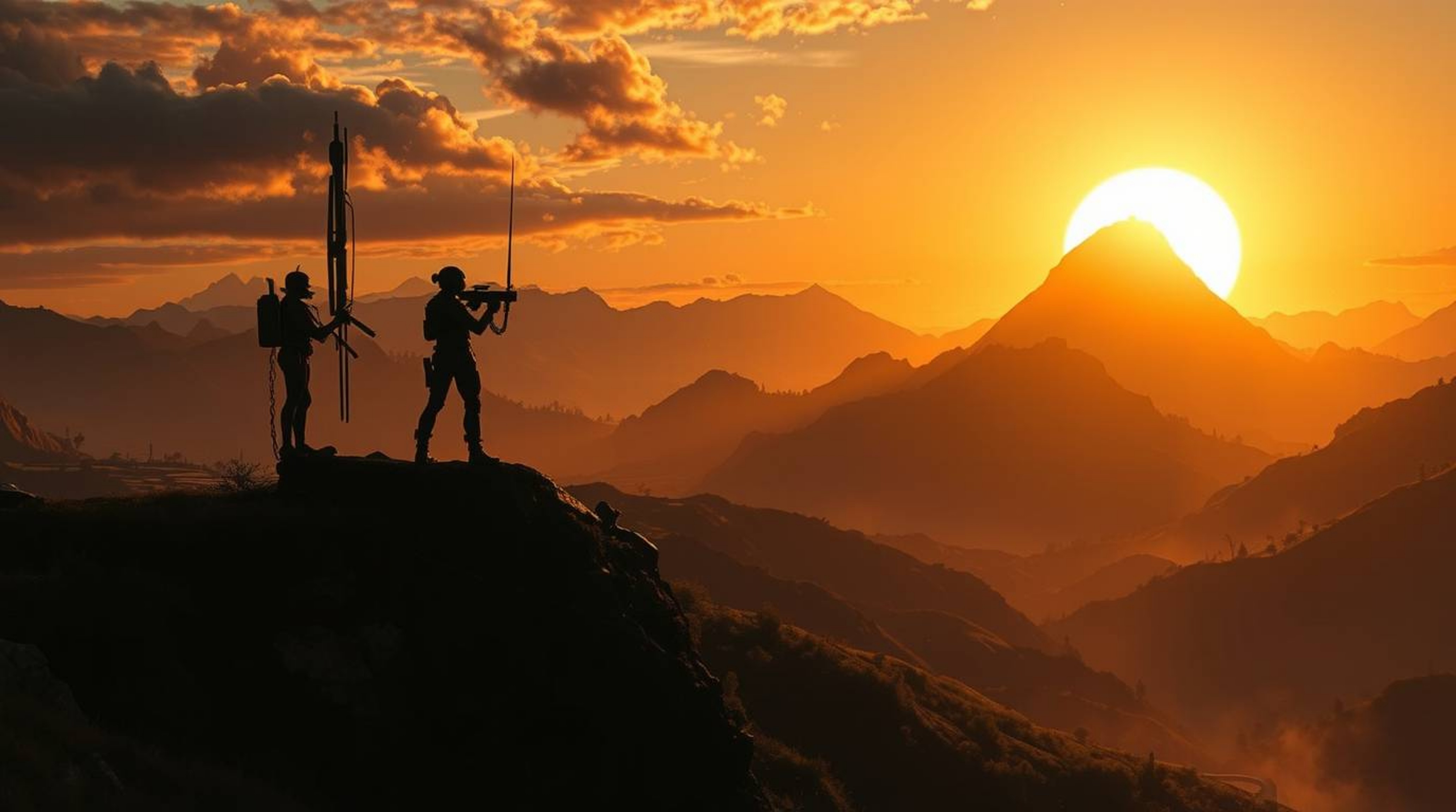 A captivating digital painting blends futuristic sci-fi elements with a breathtaking sunset over mountainous rice terraces.  