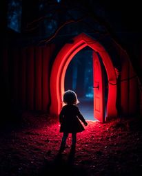 A captivating image showcasing a child's discovery of a magical portal in their backyard. The scene is rendered in a dramati