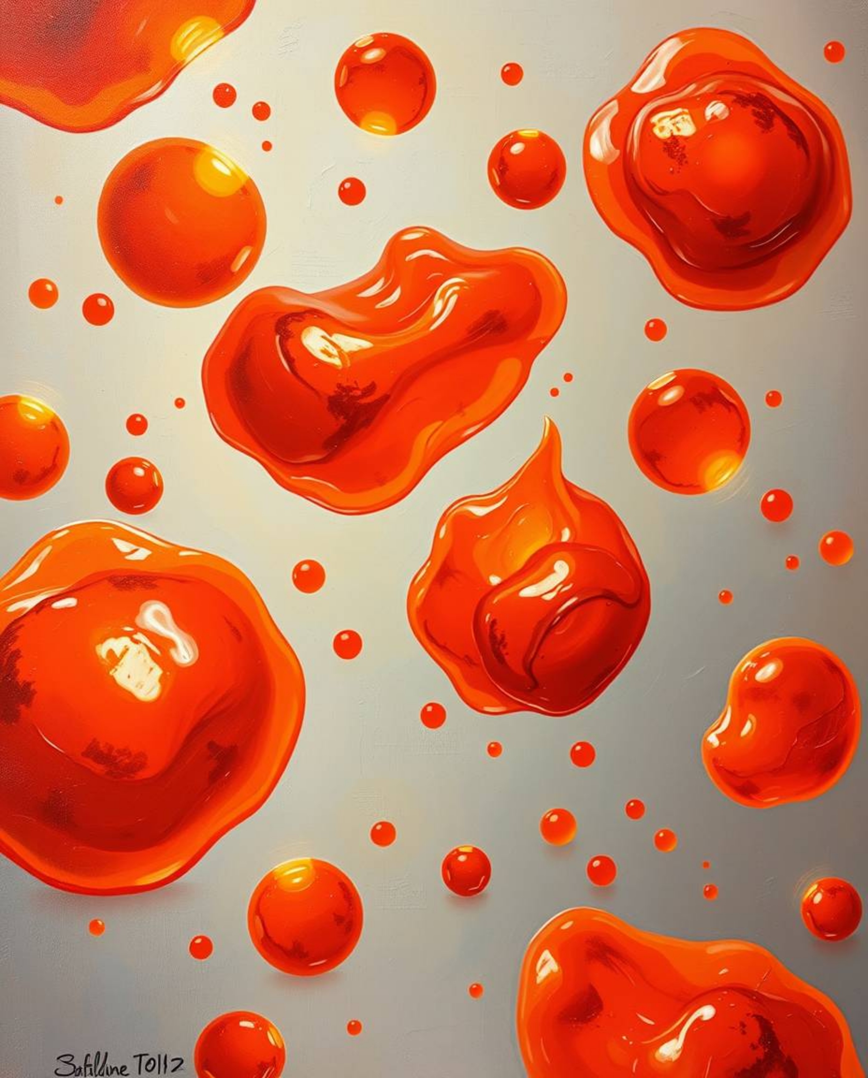 A captivating oil painting showcasing warm, floating 3D blobs of fluid jelly rendered in vibrant reds, oranges, and yellows.