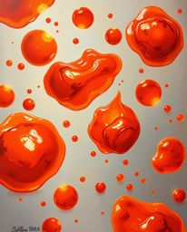 A captivating oil painting showcasing warm, floating 3D blobs of fluid jelly rendered in vibrant reds, oranges, and yellows. 