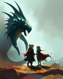 A dynamic digital sketch depicts a heartwarming friendship between a sea creature and a child in a misty and atmospheric scen
