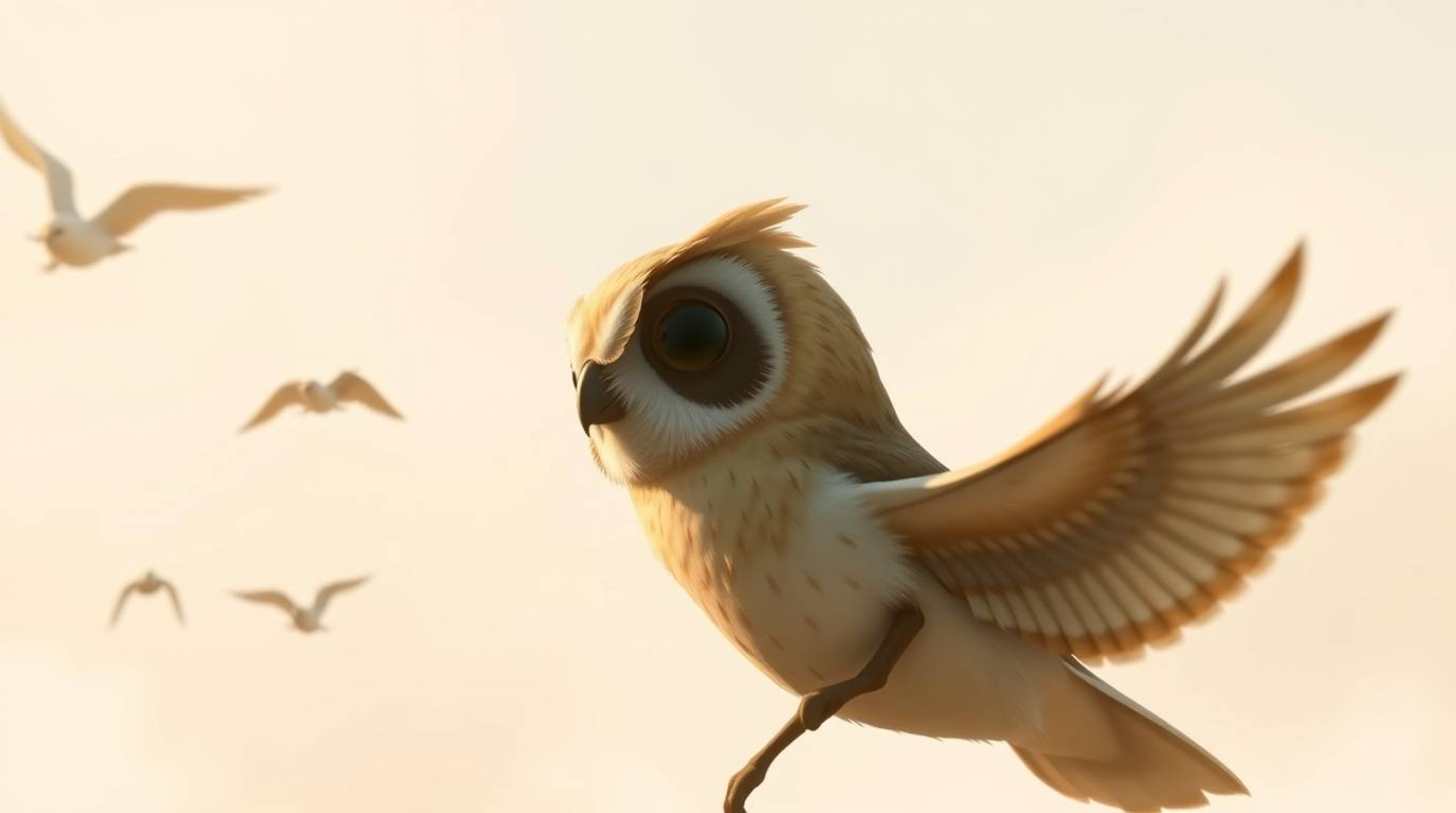 A Pixar-style blind owl, a symbol of inner vision and unexpected guidance, bravely teaches birds to fly, gazing into the wind