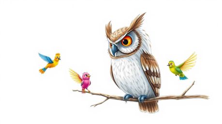 A heartwarming hand-drawn illustration in the style of Pixar animation depicts a wise-looking blind owl with expressive eyes 