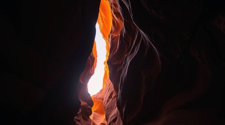 A captivating low-angle photograph showcases a rocky canyon awash in the warm hues of a setting sun.  The image boasts high c