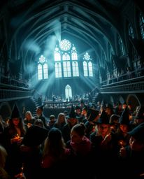 Immerse yourself in a dramatic, high-contrast image of a magical school teeming with young wizards. Intense lighting enhances