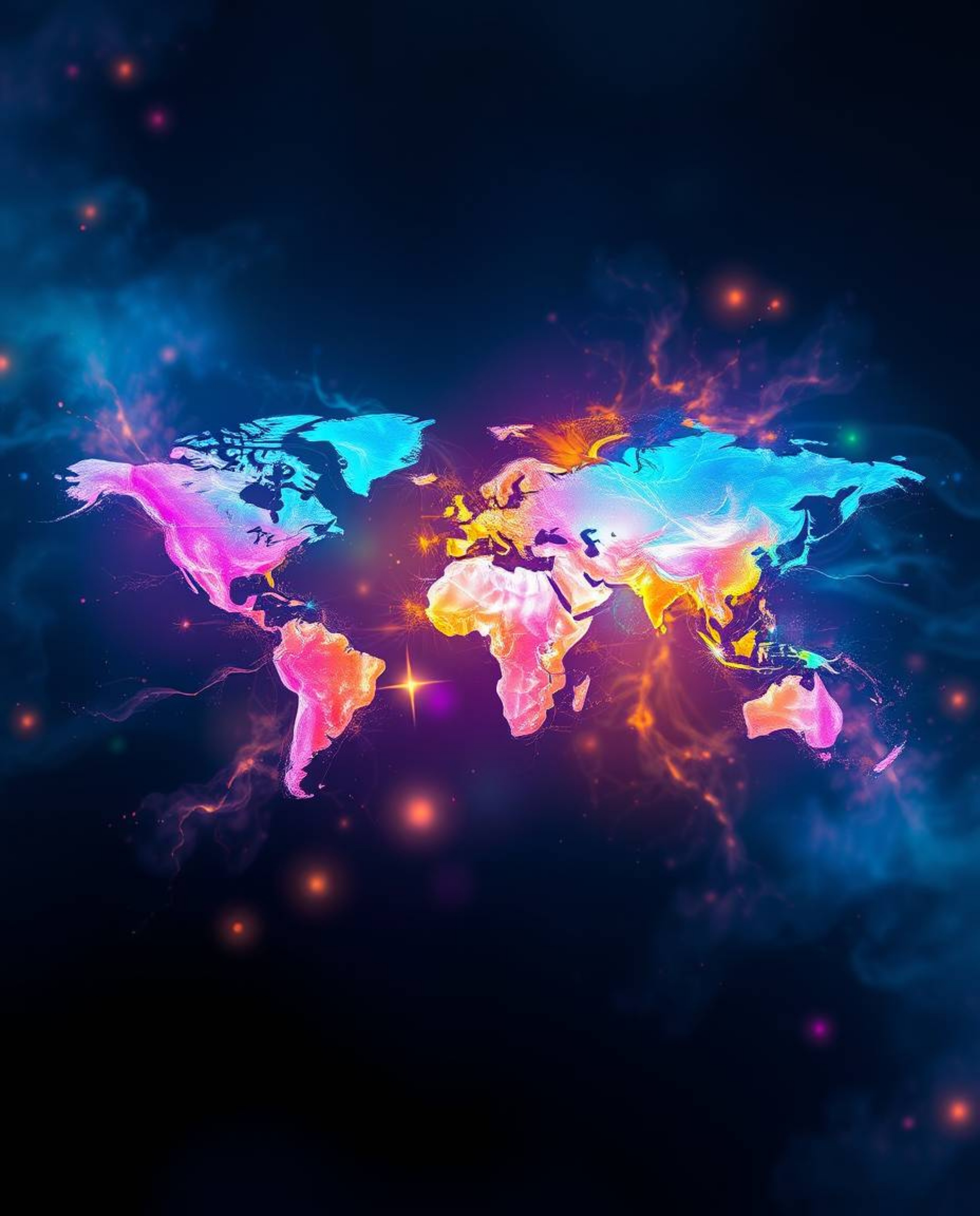Explore a dreamlike world through vibrant, colorful splashes forming a world map. This creative abstract concept blends ether