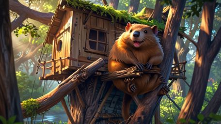 In a heartwarming scene, rendered with the emotive charm of Pixar and the artistic flair of anime, a diligent beaver experien