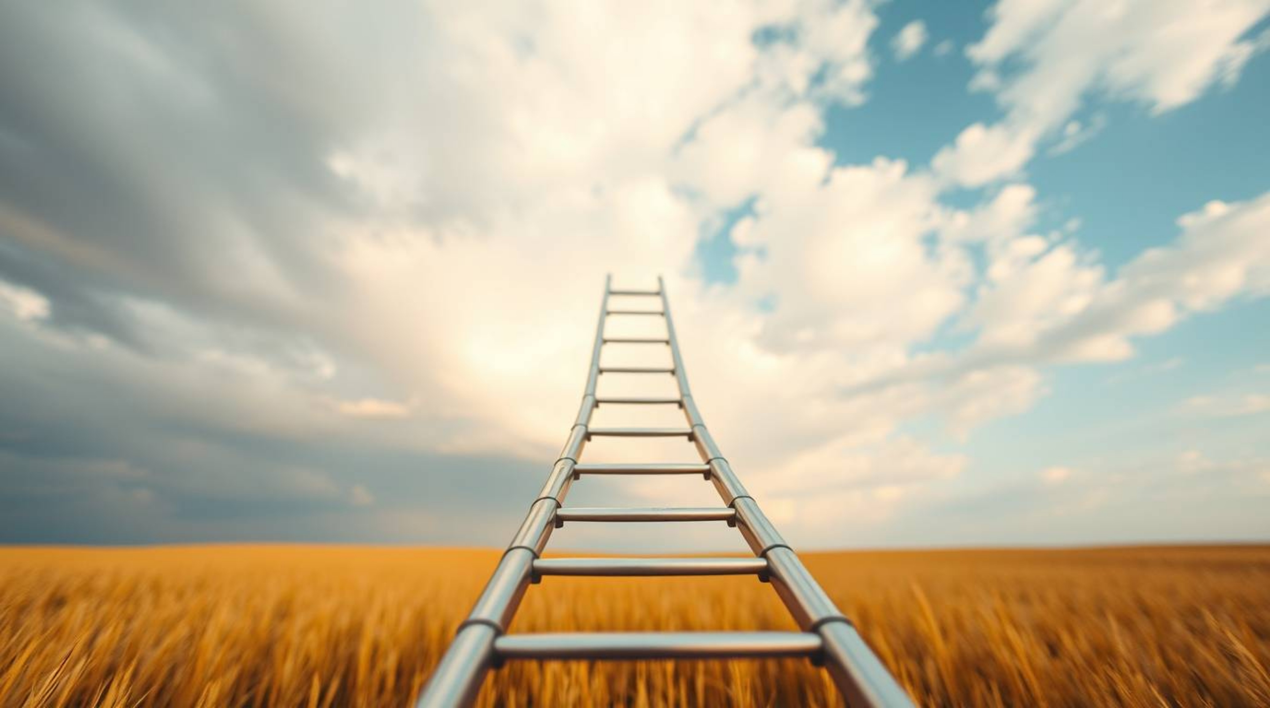 A captivating close-up photograph showcasing a minimalist scene: a silver ladder standing gracefully in an open field under a